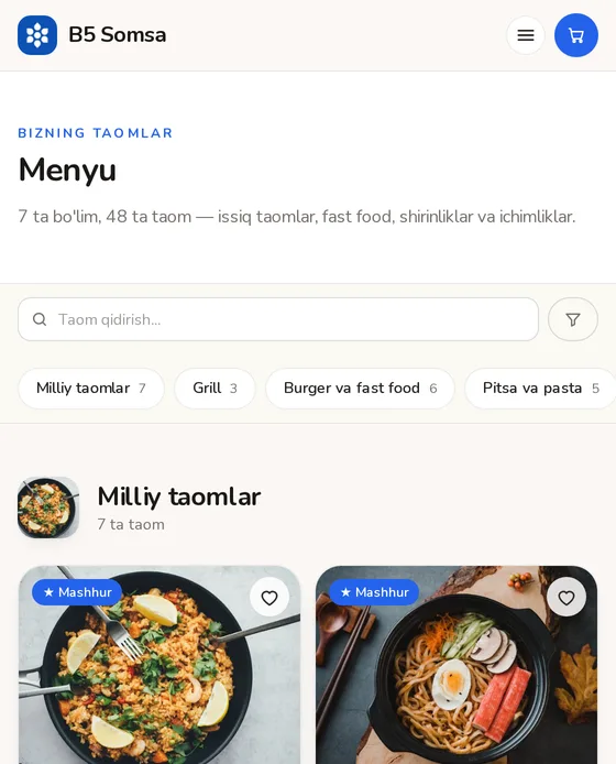 Telefonda menyu: bo'limlar, taom rasmlari va savat